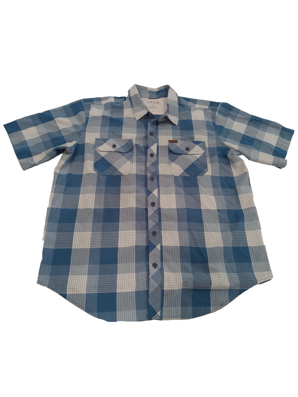 Orvis Shirt Mens XL Blue White Plaid Short Sleeve Button Down Two Pocket Extra